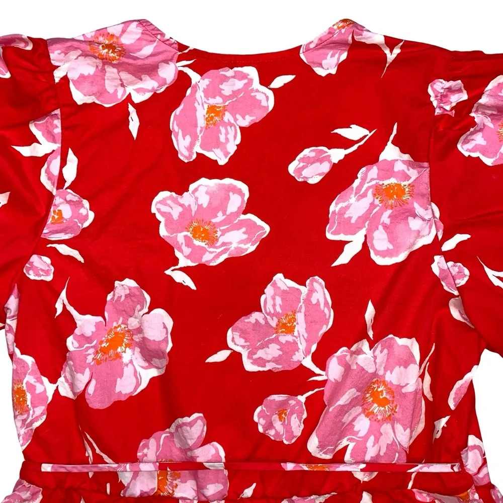 Old Navy Floral Wrap Blouse Puff Sleeves Large Red Cotton Lightweight V Neck